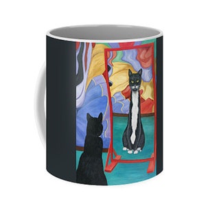 Wunderliche Tuxedo-Katzen-Kaffeetasse: Lustiges Haus-Spiegel-Kunst, Katzenliebhaber Geschenk