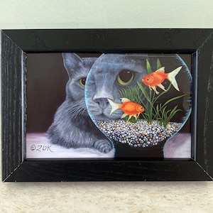 Gray Cat Fishbowl Art: Signed Framed Print, Cat Lover Gift