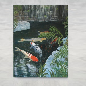 Koi Fish Canvas Print: Waterfall, Ferns, and Rocks Wall Art
