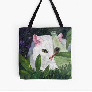 White Cat and ladybugs Tote Bag. White cat and old green glass bottle. Ladybugs on leaf tote. Washable polyester. Cat lover gift for her.