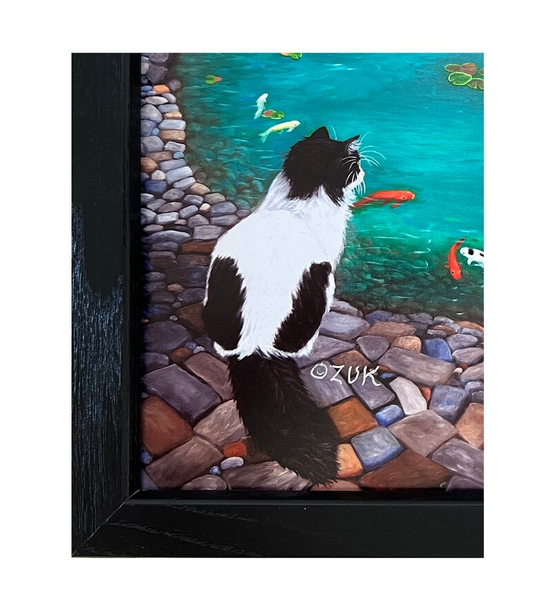 Tuxedo Cats At Koi Pond Framed Signed Print. Cat and Koi Fish Lovers Gift. Colorful Rocks And Stones. image 2