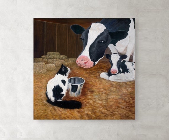 Stampa Su Tela Con Mucca E Vitello – Quadro Rustico Con Fienile E Tramonto, 40,6x61 Cm