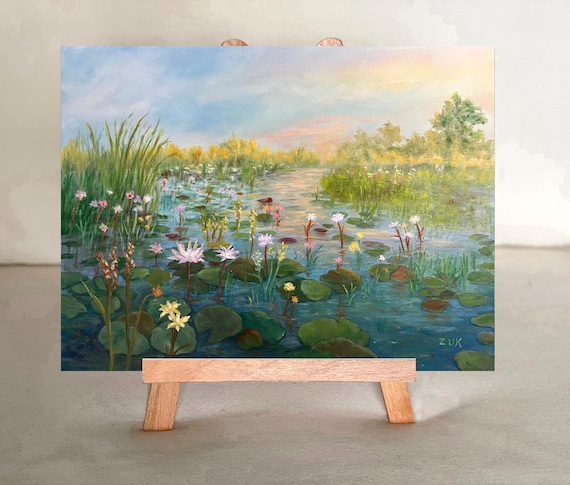 夕焼けの睡蓮 油絵：カラフルな水の反射アート、12x16インチ