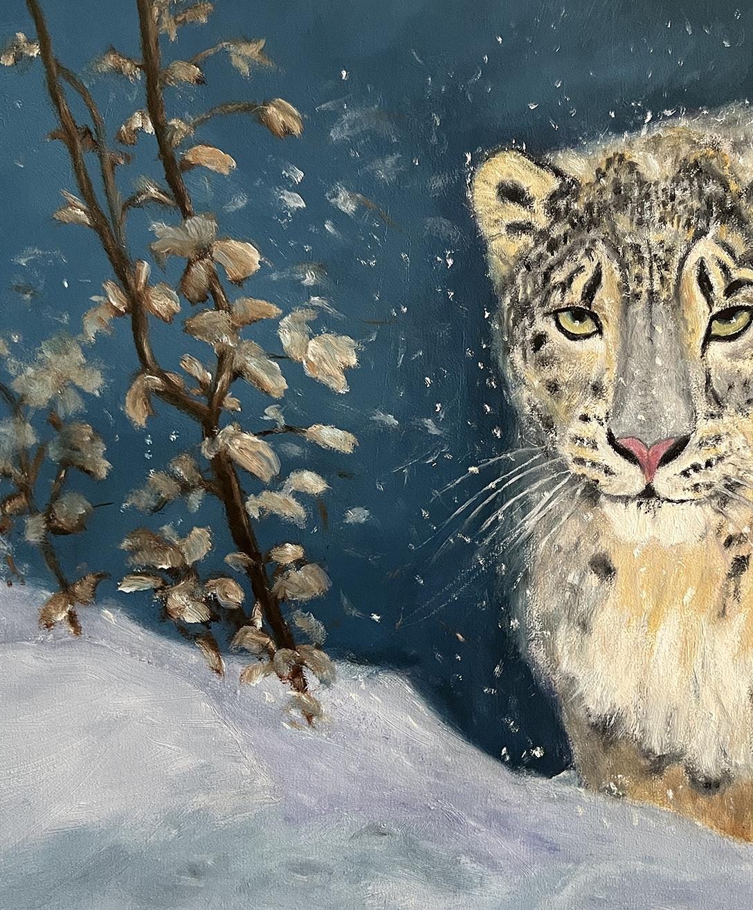 ユキヒョウのオリジナル油絵。雪の森の大きな猫。 - Etsy 日本