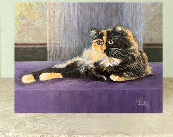 TortieCalico Cat Portrait Oil Painting. Tortoiseshell long haired cat relaxing. Gift for TortieCalico Cat Lovers.