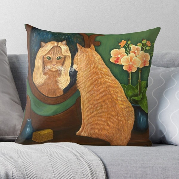 Orange tabby cat looking into mirror. Cat with blonde wig stares back. Cat Pillow, Cat Cushion, Colorful Pillow, Cat Decor. Cat Lovers Gift