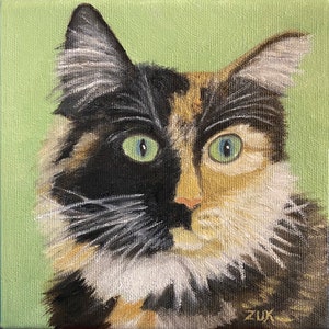 Tortoiseshell Cat Face Oil Painting.  Original Tortie Cat Art. Cat Lovers Gift. Colorful Close up Cat Face. Long Haired Tortie Cat Painting.