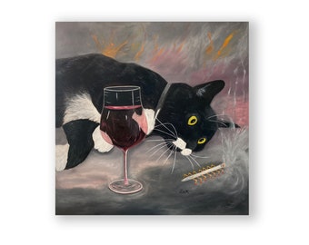 Tuxedo Cat Dreaming Original Oil. Cat, Wine and Weed. Whimsical Tuxedo Cat Square Stretched Canvas Oil Painting. Tuxedo Cat Lover's gift.