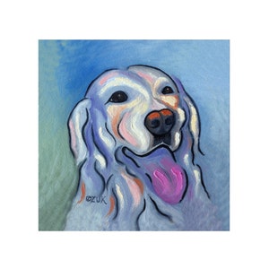 Puede incluir: Pintura colorida de la cara de un perro, con pelaje azul claro y blanco, lengua rosa y nariz negra. El fondo es un degradado de azul y verde. La firma del artista, @ZUK, es visible.