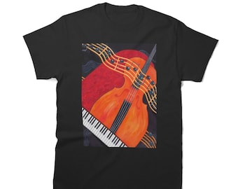 Music T-Shirt: Cello, Keyboard, and Floating Notes Art