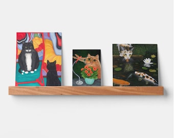 Tuxedo Cat, Dragonfly and Cat, Cat and Koi Fish Picture Ledge. Humorous Cat Art. Whimsical Cat lover's Gift on Walnut Ledge.