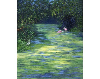 Everglades Wildlife Refuge Art Print. Roseatte Spoonbills, Herons in a mossy river under a bright blue sky.
