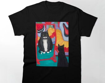 Fat Tuxedo Cat in Funhouse Mirror T-Shirt.  Whimsical fat cat art. Unique Tuxedo Cat Lover's Gift. Classic T-Shirt.