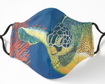 Green Sea Turtle face mask. Colorful Sea Turtle and Coral Reef. Turtle lover's gift. Kids and adults. Breathable polyester. Several styles