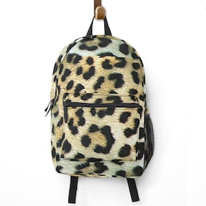 May include: A brown and black leopard print backpack with a black zipper and a mesh side pocket.