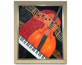Cello Oil Painting, Keyboard and Floating Notes, Music Art - Etsy