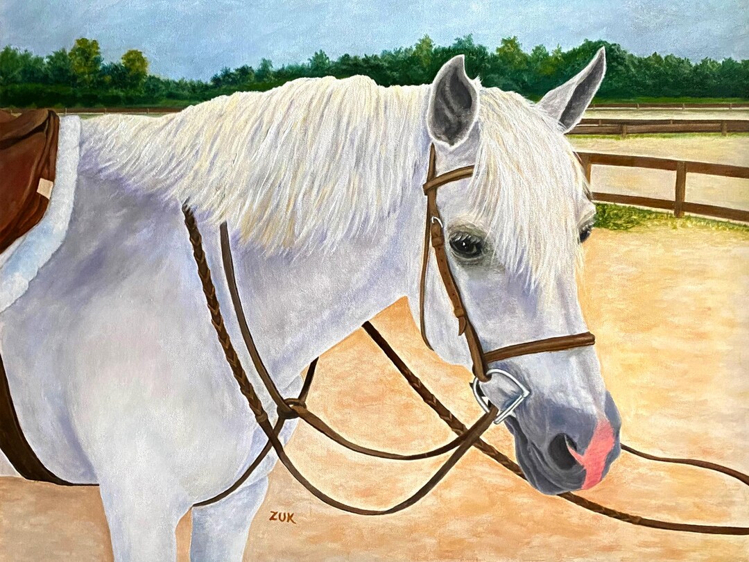 白い馬のオリジナル油絵、鞍を持つ馬の絵、手綱を持つ馬、牧場の