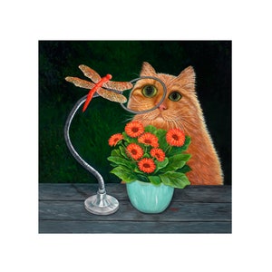 May include: A humorous painting shows a ginger cat looking through a magnifying glass at orange flowers in a turquoise pot. A red dragonfly lamp is to the left. The scene is set on a dark wooden surface, with a dark green background.