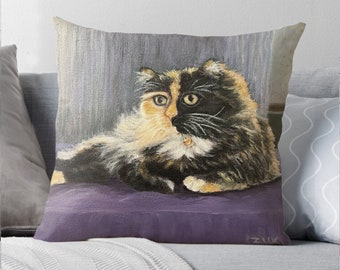 TortieCalico Portrait Pillow. Tortoiseshell Cat on violet tablecloth. Cat Cushion. Long Haired Tortie Cat. Fur Baby Decor. Cat Lovers Gift