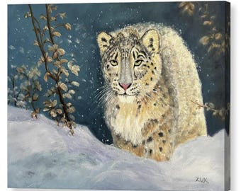 雪豹 ユキヒョウ 原画 額装済 ユキヒョウのオリジナル油絵。雪の森の大きな猫。 - Etsy 日本