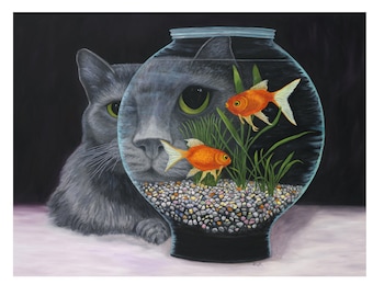 Russian Blue Cat Art Print, Goldfish Bowl – Whimsical Cat Lover Gift