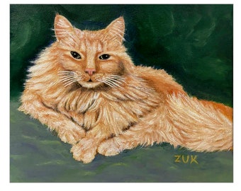 Impressão artística de gato malhado laranja: retrato de gato ruivo de pelo longo