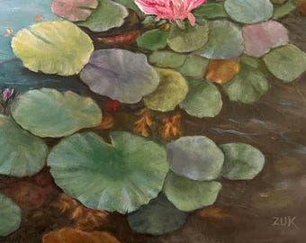 睡蓮と花のアートプリント。咲き誇る睡蓮と色鮮やかな水面に映る光