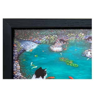 Tuxedo Cats At Koi Pond Framed Signed Print. Cat and Koi Fish Lovers Gift. Colorful Rocks And Stones. image 4