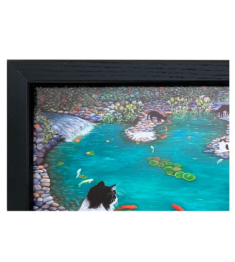 Tuxedo Cats At Koi Pond Framed Signed Print. Cat and Koi Fish Lovers Gift. Colorful Rocks And Stones. image 4