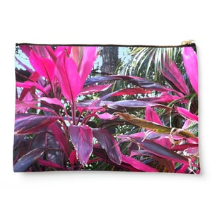 Leaves of Pink Zip Pouch Bag. Hawaiian Ti plant. Gift for flower lovers.
