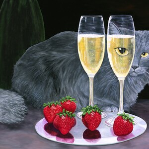 Cat, Champagne and Strawberries art print. Long haired Russian Blue cat art. Long haired grey cat, champagne flutes.