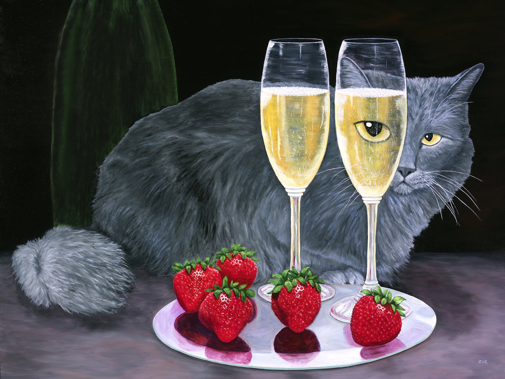 Cat Champagne and Strawberries Art Print. Long Haired Russian - Etsy
