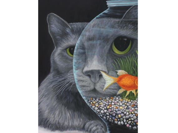 ロシアンブルーの猫のアートプリント、金魚鉢 – 気まぐれな猫好きへの
