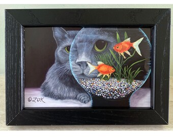 希少　おまけ付き　おかべてつろう　サイン入り　ジークレープリント　猫　アート グレーキャットの金魚鉢アート：サイン入り額入りプリント、猫