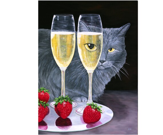 Imprime En Toile Etiree De Chat Champagne Et Fraises Chat Etsy Canada