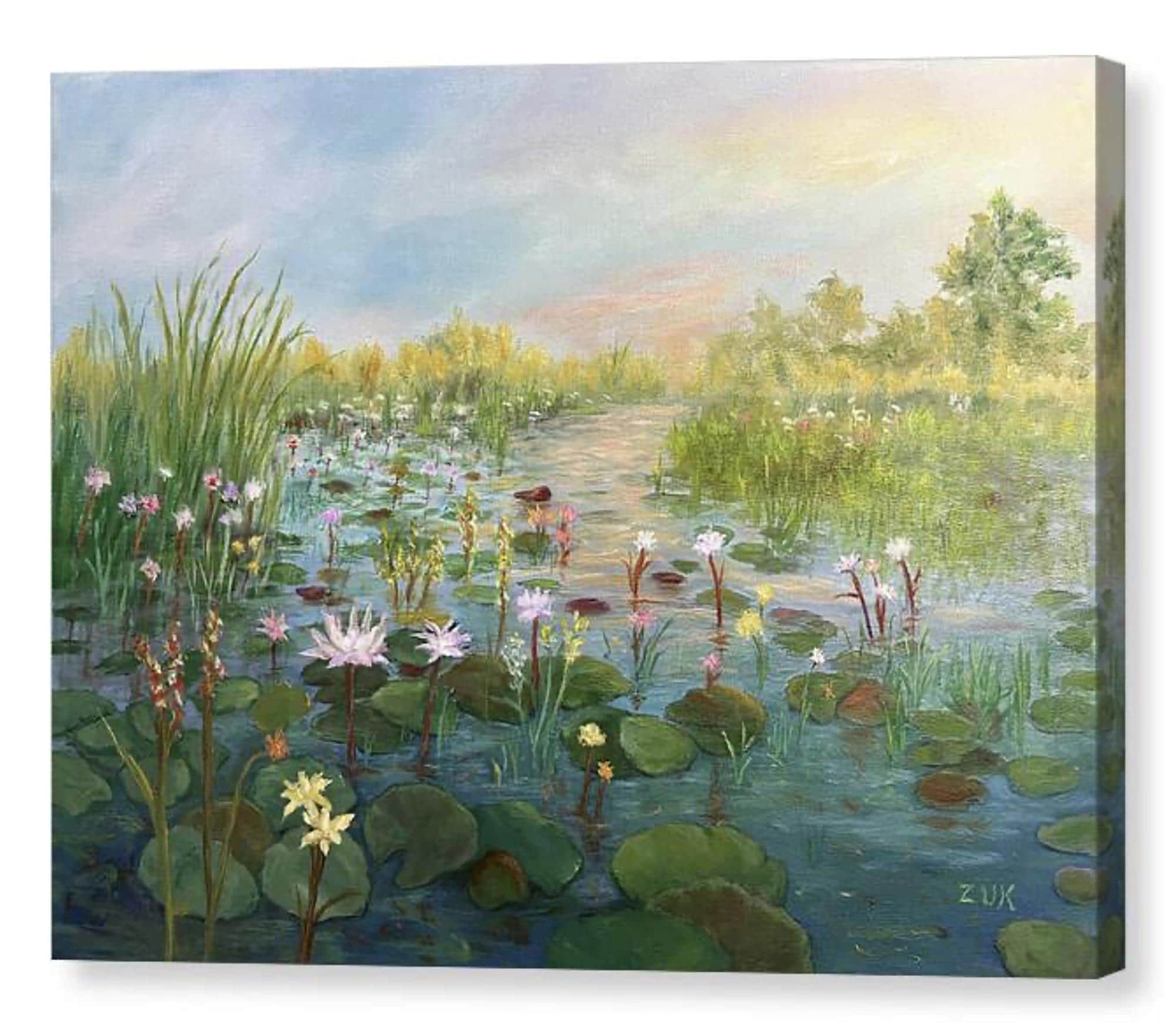 夕焼けの睡蓮 油絵：カラフルな水の反射アート、12x16インチ