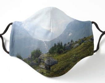 Alaska Mountaintop washable face mask. Kids and adult sizes. Snowcapped Mountain View. Comfortable and breathable polyester. Several styles.