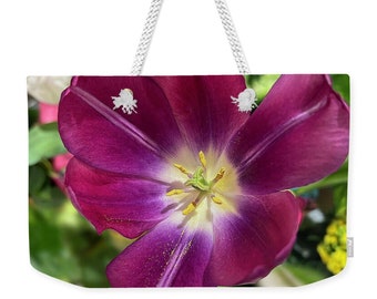 Purple Tulips Weekender Bag. Gift for flower lovers. Soft sided, comfortable on shoulder bag. Tulip closeup.