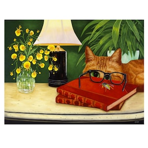 Orange tabby and orchids whimsical art print. Ginger cat art.  Cat looks through eyeglasses at bee on red book. Gift for ginger cat lovers.