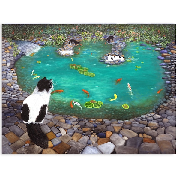 Cats and Koi Fish Metal Print. Tuxedo cats family at the Koi Pond. Whimsical Cat Decor.