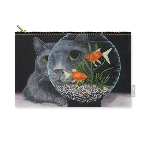 Gray Long Haired Cat Looking Into a Fishbowl Pouch. Round Glass Fish Bowl  With Colorful Pebbles. Gift for Cat Lovers. 