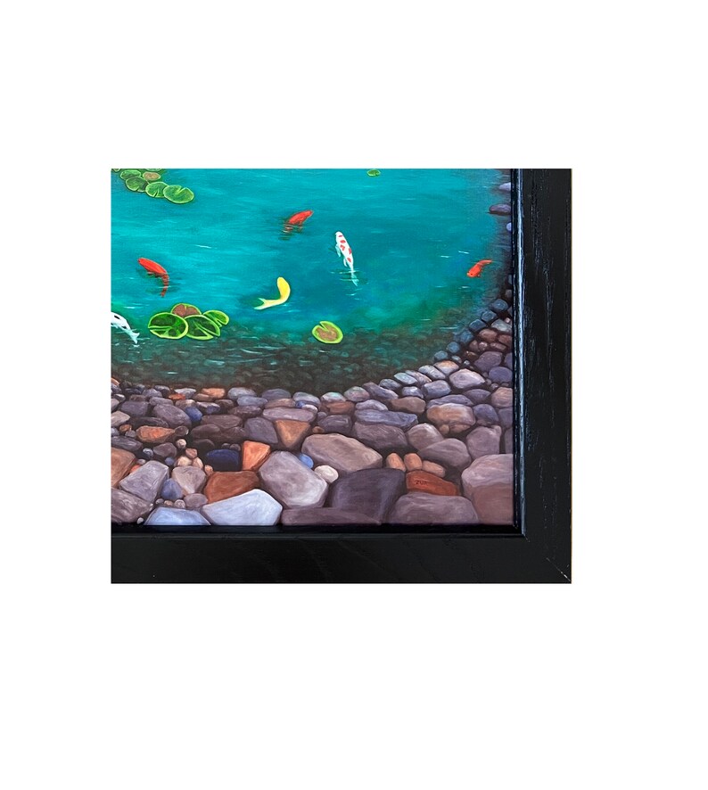 Tuxedo Cats At Koi Pond Framed Signed Print. Cat and Koi Fish Lovers Gift. Colorful Rocks And Stones. image 5