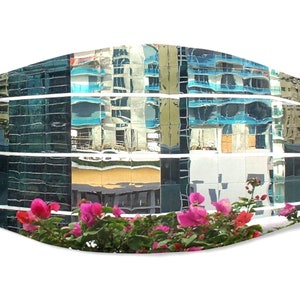 Miami Cityscape washable face mask. Colorful Buildings and Reflections. Kids and adults. Breathable polyester. Several styles.