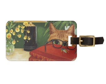 Orange tabby and orchids Luggage Tag. Unique cat lovers gift featuring colorful orange tabby cat looking through eyeglasses at a bee..