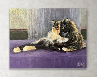TortieCalico Cat Portrait Canvas Print. Tortoiseshell long haired cat relaxing. Gift for TortieCalico Cat Lovers.