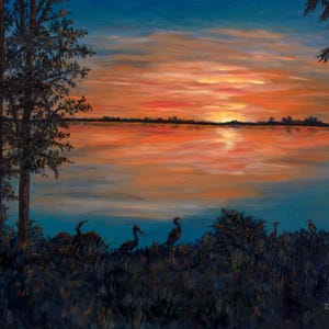 Nightfall At Loxahatchee Original Oil Painting. Sunset over the Florida Everglades. Silhouetted trees and birds along the riverbank.
