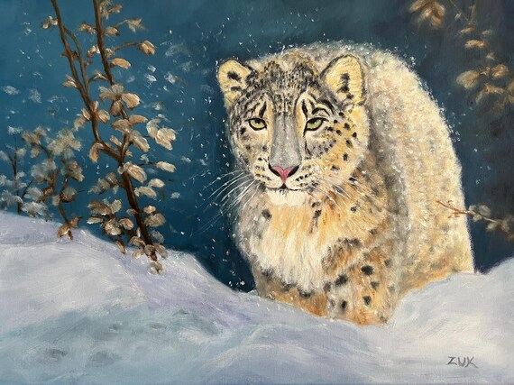 ユキヒョウのオリジナル油絵。雪の森の大きな猫。 - Etsy 日本