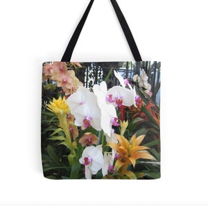 Colorful Orchids Tote Bag, Exotic Orchids Tote Bag, Vanda, Phalaenopsis and Other Orchids by Wrought Iron Gate, Gift for Orchid Lovers.