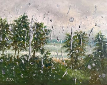 Regen auf den Fenster-Meerblick-Ölgemälde: Küstenstrandanstrich,