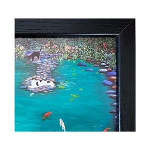 Tuxedo Cats At Koi Pond Framed Signed Print. Cat and Koi Fish Lovers Gift. Colorful Rocks And Stones. image 3